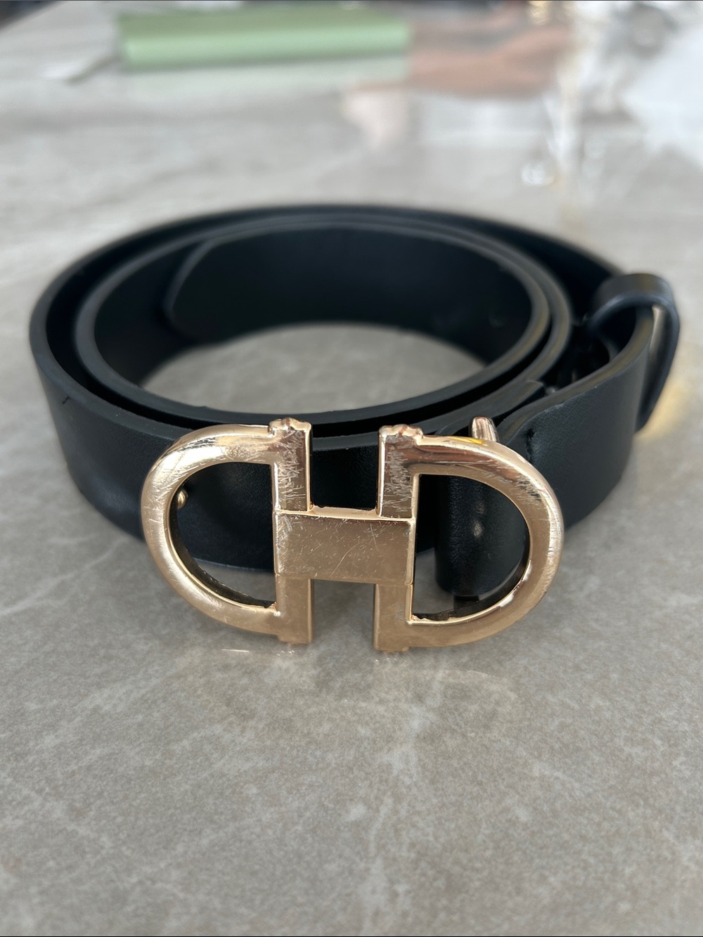 ALDO Black Leather Belt with Gold  Buckle